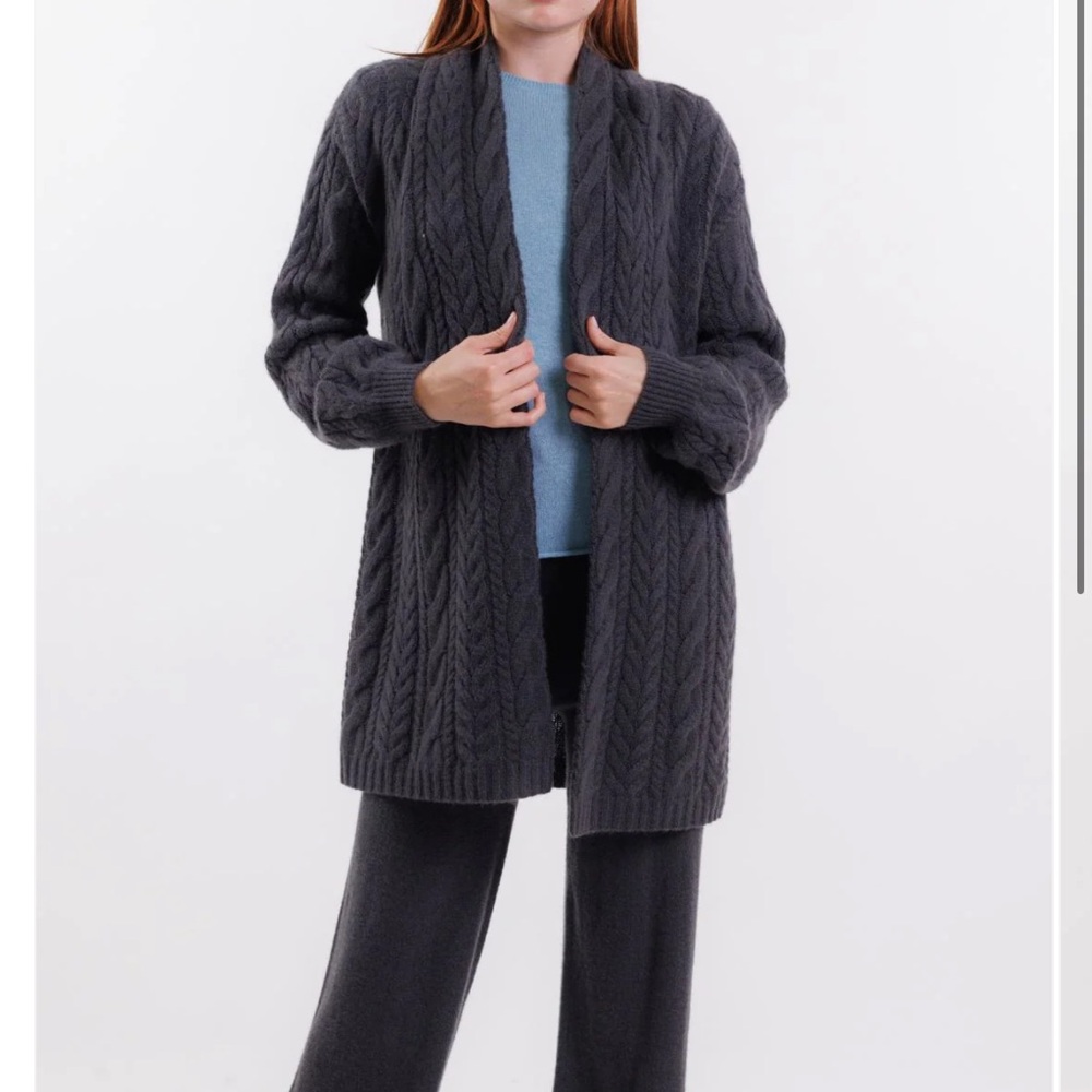 TSE CABLE OPEN CARDIGAN In Woodland Grey 100% Cashmere Sustainable Relaxed Fit
